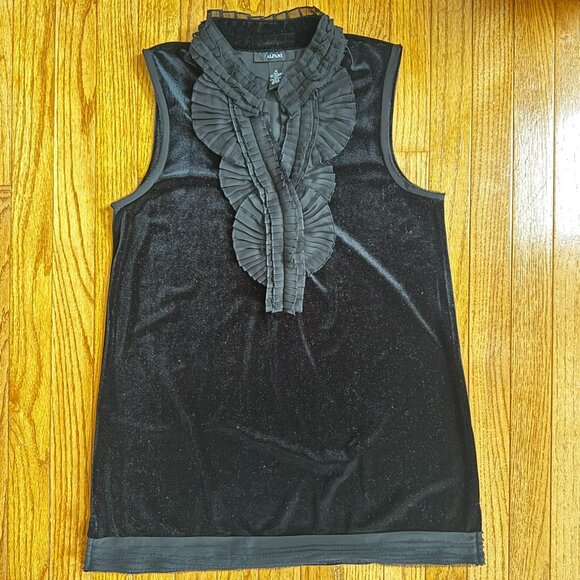 Alfani Tops - Alfani Black Sleeveless Velvet Tunic, Ruffled Placket & Stand Collar, Size M